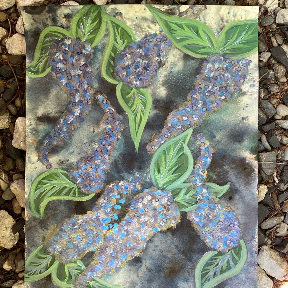 Unframed Original Art Painting Watercolour Brusho & Acrylic- Blue Lilac Dreams